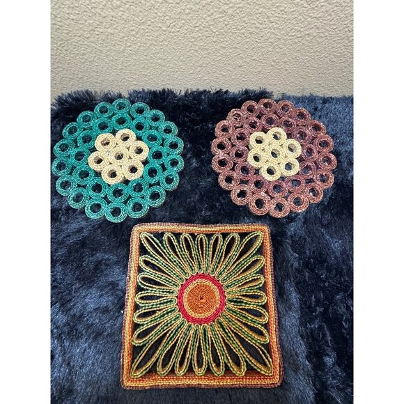 Vintage Woven Raffia Trivets Set Of 3 Round & Square Patterns Green Brown - Picture 1 of 7